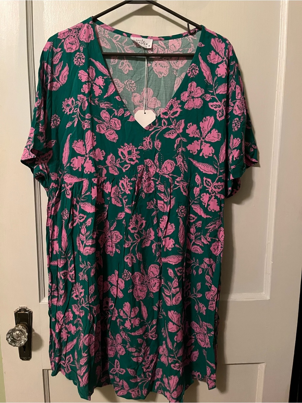 Emily Wonder Green Floral V-Neck Babydoll Dress Pink Blossom Print Size M NWT